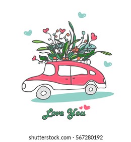 Retro car for telling: I love you. Art of cute vector illustration. Greeting, invitation, banner, poster, logo or background.