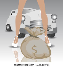 Retro car. Theft bank robbery. A bunch of money bag. Female legs. Illustration on white easy to separate background for your design