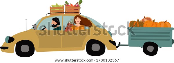 Retro car with a\
trailer carries the autumn harvest, pumpkins, zucchini, carrots. A\
happy family of farmers takes vegetables home by car. Vector\
illustration in cartoon\
style.