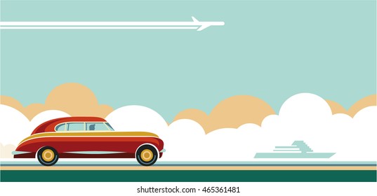 retro car, travel flat style retro banner