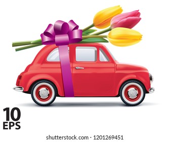 Retro car with tulips isolated on white. Realistic vector 3d illustration