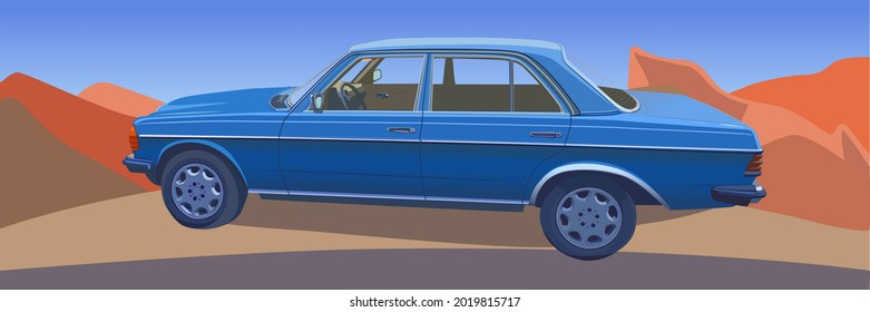 Retro car. Vector drawing of a blue car. Expensive car.