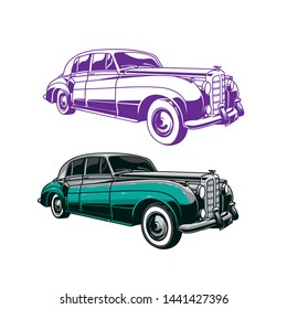 retro car vector illustration, colored and outlined