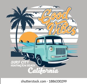 retro car vector illustration surf print with Good Vibes Text  for t shirts
