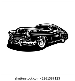 Ilustración vectorial del coche retro. Cartel vintage del coche. Auto viejo aislado en blanco.