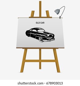 Retro car vector illustration. Vintage poster of old mobile on easel. Hand drawn vector stock illustration
