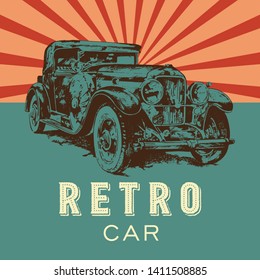 Retro Car. Vector poster. Drawing Vector  Car