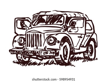 Retro car vector sketch illustration. Transport, vehicle elements isolated on white background