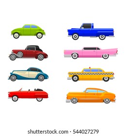 Retro car vector vehicle illustration isolated on white. Motor-car automobile old style fashion transport design elements