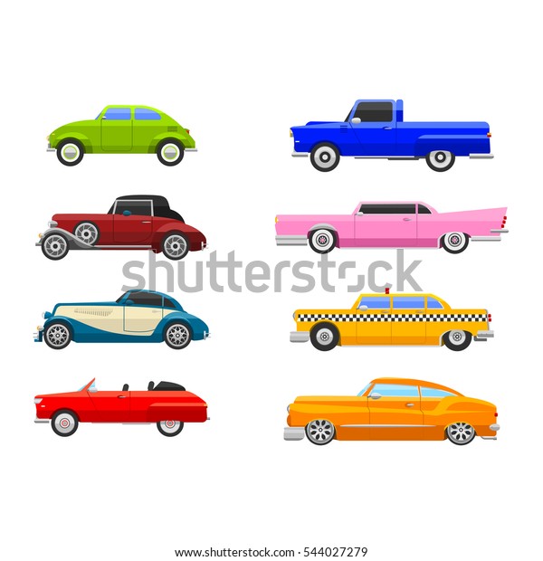 Retro car vector vehicle illustration isolated\
on white. Motor-car automobile old style fashion transport design\
elements