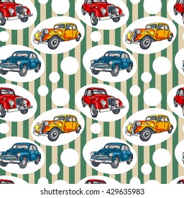 Retro car. Vintage. Striped pattern. Seamless vector pattern (background).