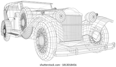 Retro car. Vintage car Wire-frame line isolated. Vector rendering of 3d.
