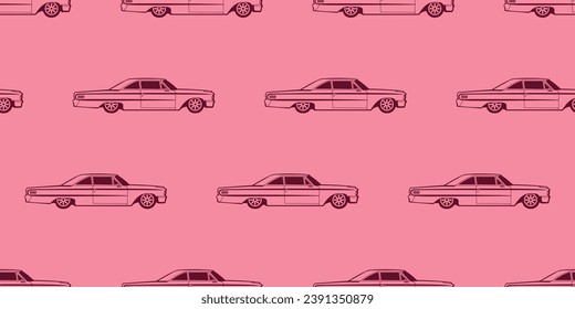 Retro car wallpaper. Pink background and old car from the 60s.