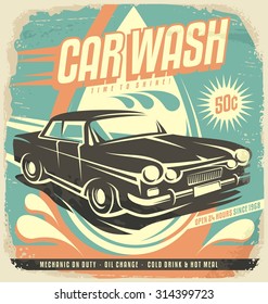 Retro car wash poster design. Vintage classic garage illustration template. Creative concept on old paper background. No gradients no effects just fill colors.