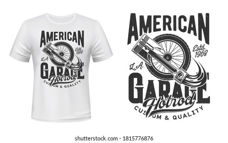 Retro Car Wheel And Engine Piston T-shirt Vector Print. Old Vehicle Spoked Or Suspension Wheel, Car Spare Part Illustration And Typography. American Hot Rod Garage Station Clothing Print Design Mockup