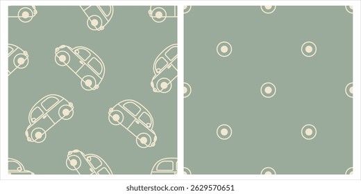 Retro car and wheel seamless patterns on green background