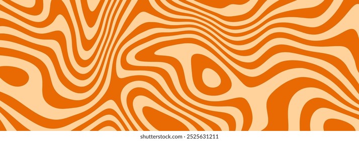 Retro caramel line background. Salted caramel liquid desert texture. Wavy swirl candy pattern for poster, cover, banner, pamphlet. Orange nougat hippie wallpaper in 60s or 70s style. Vector