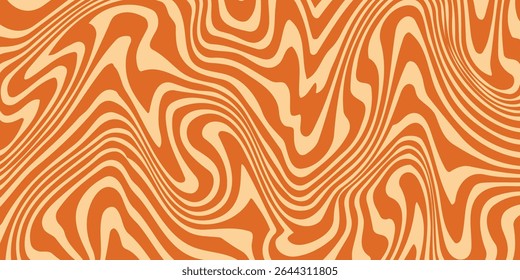 Retro caramel line background. Salted caramel liquid desert texture. Wavy swirl candy pattern for poster, cover, banner, pamphlet. Orange hippie wallpaper in