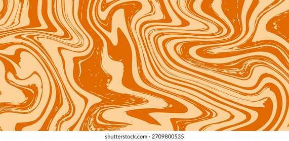 Retro caramel line background. Salted caramel liquid desert texture. Wavy swirl candy pattern for poster, cover, banner, pamphlet. Orange hippie wallpaper in 60s or 70s style.