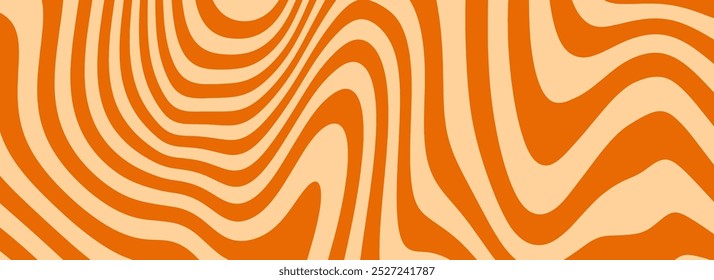 Retro caramel line texture. Salted caramel liquid desert background. Wavy swirl candy pattern for poster, cover, banner, pamphlet, flyer. Orange nougat hippie wallpaper in 60s or 70s style. Vector