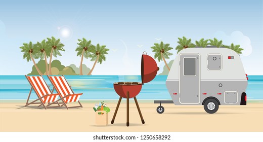 Retro caravan on the beach and picnic with outdoor barbecue, summer vacation,holiday trip in motorhome vector illustration.