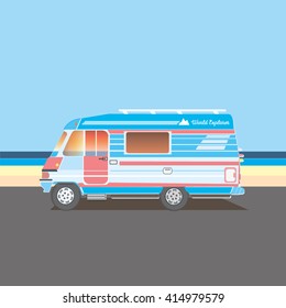 Retro caravan on the beach, summer vacation, vector illustration,retro background