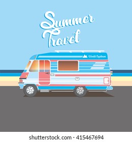 Retro caravan on the beach, summer vacation, vector illustration,retro background