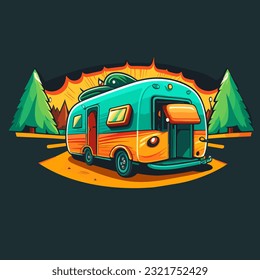 Retro caravan parked in a campsite in the wild. Cartoon vector illustration.