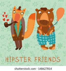  Retro card with animals hipster friends. (bear & bear)