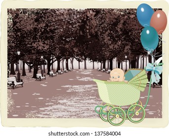 Retro card with a baby in a pram on a city park background