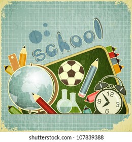 Retro Card - Back To School Design - School Board And School Supplies On Blue Vintage Background - Vector Illustration