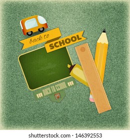 Retro Card -  Back to School Design - School Board and School Supplies on Vintage Jeans  Background - Vector Illustration