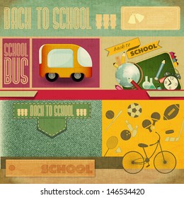 Retro Card -  Back to School Design - School Board, Sport Icons and School Supplies on Vintage  Background - Vector Illustration