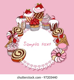 Retro card background with cakes, vintage frame, Invitation, greeting with cupcakes for design