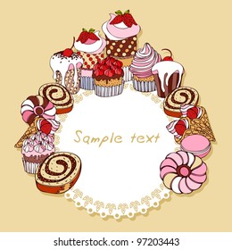 Retro card background with cakes, vintage frame, Invitation, greeting with cupcakes for design