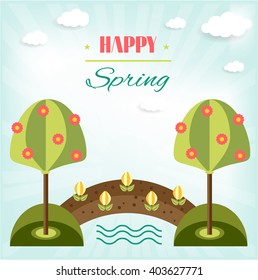 Retro card, background, landscape with green trees and yellow flowers with green leaves, text Happy Spring