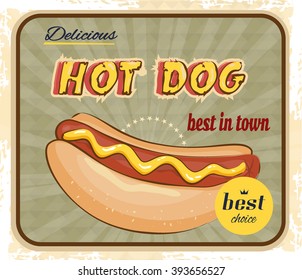 Retro card with big Hot dog, sausage with mustard