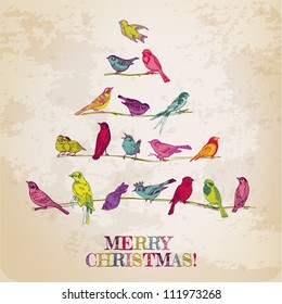 Retro Card. Birds on Christmas Tree. Invitation, congratulation in vector