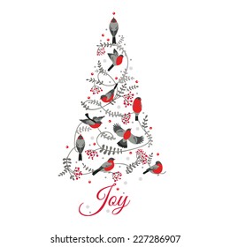 Retro Card. Birds on Christmas Tree. For invitation, congratulation in vector