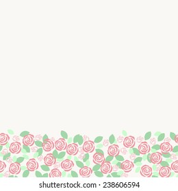 Retro card with bottom border with pink roses and green leaves