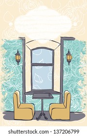 Retro card design with cozy corner in cafe