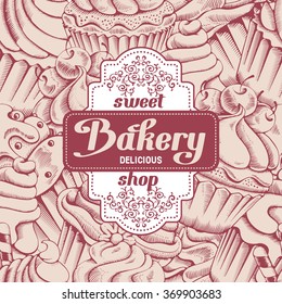 Retro card design with sweet bakery decorated cupcakes hand drawn in vintage engraved style. Vector illustration. 