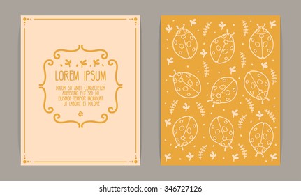 Retro card design. Vintage frame, floral motives and ladybug. Yellow and beige colors.
