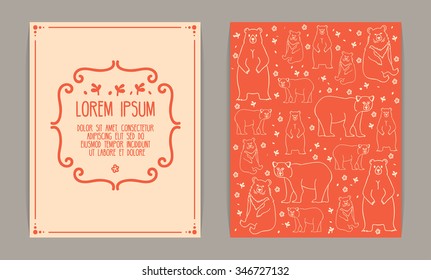 Retro card design. Vintage frame, floral motives and bears. Orange and beige colors.