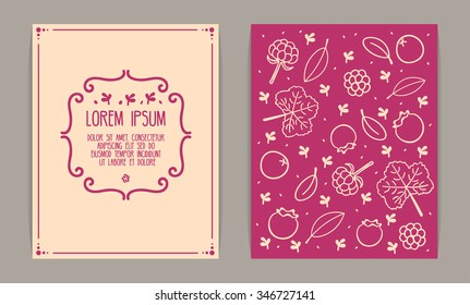 Retro card design. Vintage frame, floral motives and berries. Crimson and beige colors.