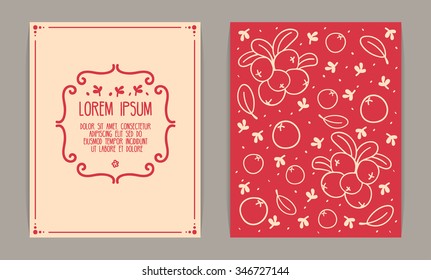 Retro card design. Vintage frame, floral motives, cowberries. Red and beige colors.