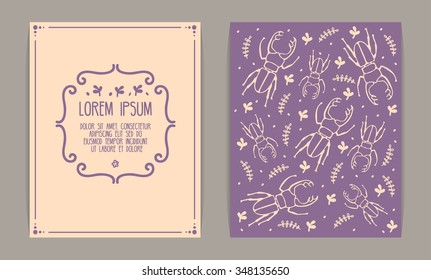 Retro card design. Vintage frame, floral motives, stag beetles. Violet and beige colors.