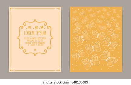 Retro card design. Vintage frame, floral motives, cabbage butterflies. Yellow and beige colors.