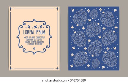 Retro card design. Vintage frame, floral motives, pine cones. Dark blue and beige colors.