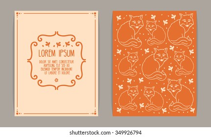 Retro card design. Vintage frame, floral motives, foxes. Orange and beige colors.